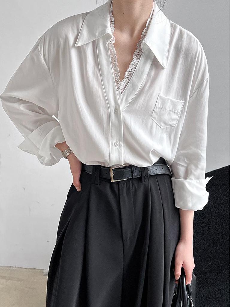 LUXI High-End French Polo Collar Lace Patchwork Women's Shirt - Spring New Arrival Temperament Top