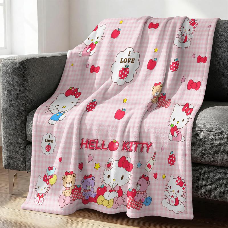 Sanrio Hello Kitty Plush Flannel Blanket Lightweight Throw Pink Gingham Apple Blanket Bed Sofa Cover School Office Nap Shawl