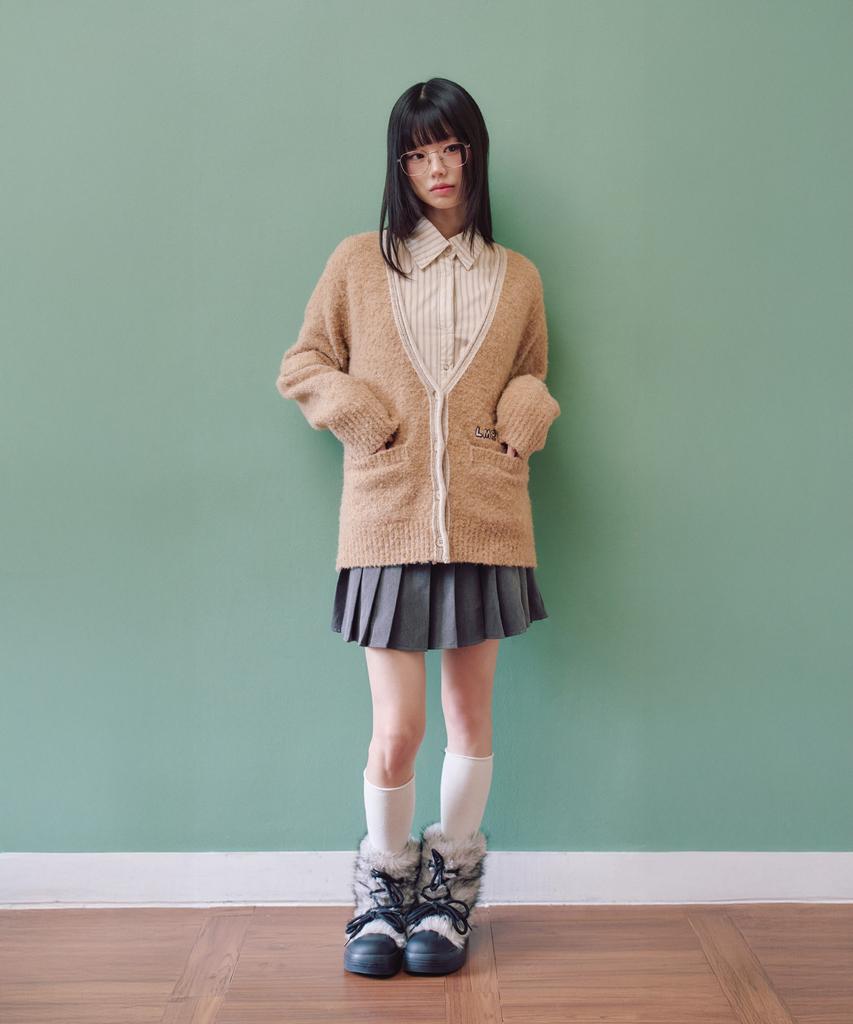 LMR Contrast Point Boucle Cardigan Beige