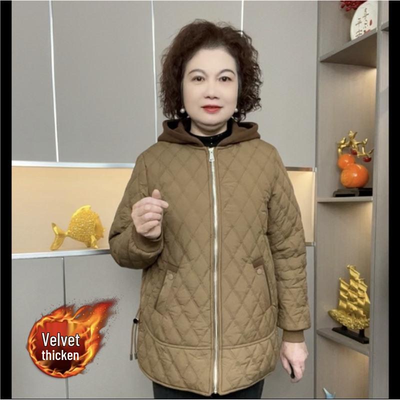 

Зимняя 2024 хлопковая куртка с капюшоном на флисовой подкладке для женщин среднего и пожилого возраста - Толстое, теплое, ромбовидное стеганое пальто для мамы 2XL (110-120 kg)