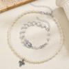 2-piece Ethnic Style Cross Pendant Imitation Pearl Necklace, Jesus Tag Bead Bracelet, Versatile Women's Jewelry Set