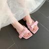 [] Dream Garden _sw square head sheep pattern bow thick heel slippers women's sandals wear summer