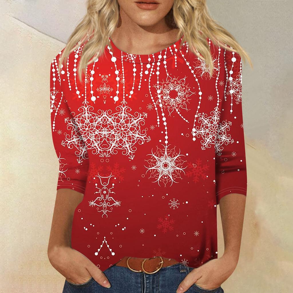 Dámská móda ležérní tričko s kulatým výstřihem, 3/4 rukávem, volným potištěným tričkem, dámský top