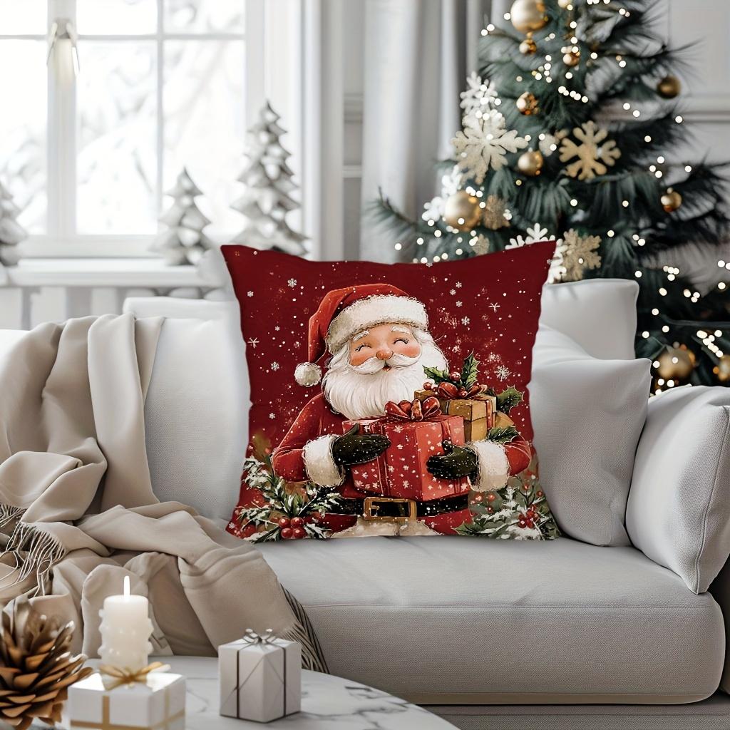 4Pcs Festive Christmas Throw Pillow Covers 18X18 Inch, Zipper Closure, Retro Santa Snowman Designs With Gift Boxes And Wreaths