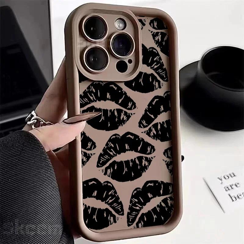 Black Lips Kiss Print Soft Silicone Phone Case For iPhone 16 15 Pro Max 14 13 12 11 Pro Max 7 8 15 Plus X XS XR Shockproof Cover