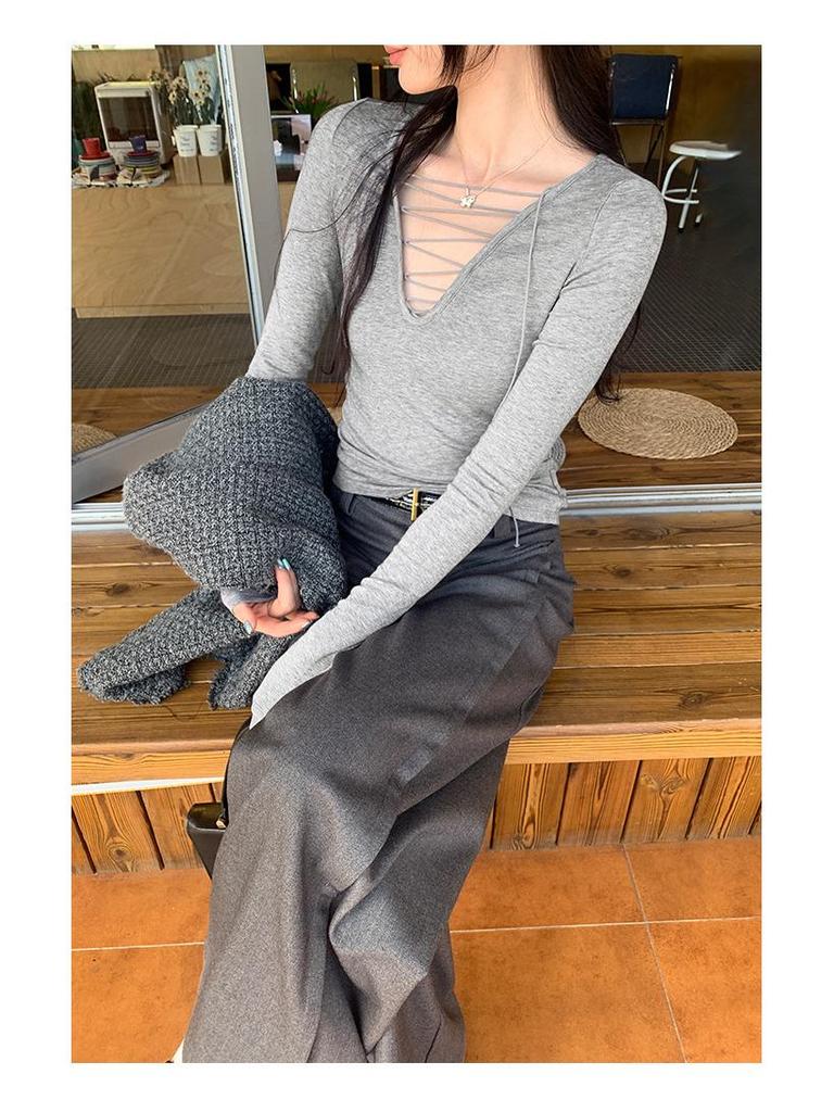 Women's Lyocell Tencel Wool Lace-up V-Neck Slimming Base Layer Top for Autumn/Winter