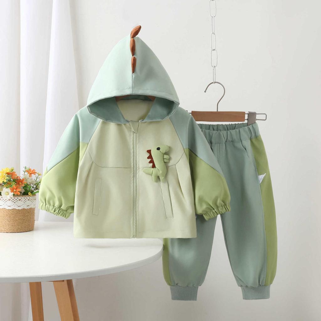 Dino Hooded Fleece Set: Baby Boy Windbreaker Jacket & Romper for Spring/Autumn