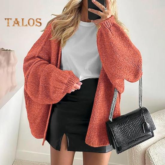 Cardigan feminino lanterna manga longa cor sólida oversized malha cardigan frente aberta leve suéter outwear