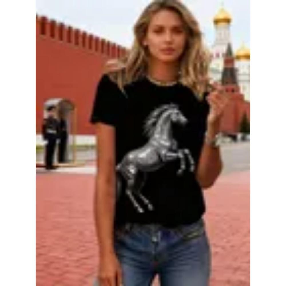 Women's Round Neck Fashionable Casual Short Sleeved T-shirt Top Clothing