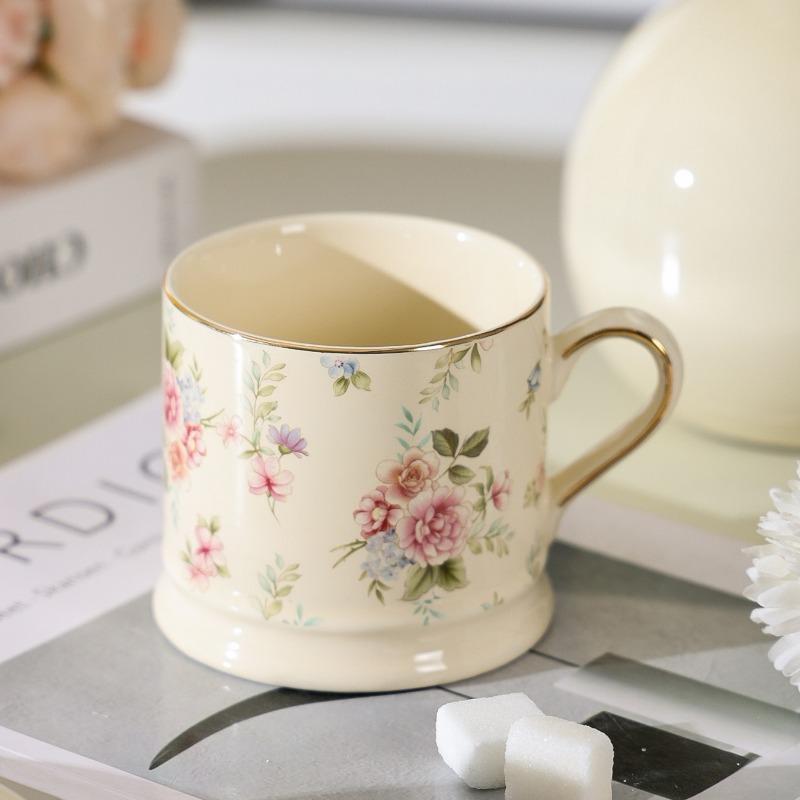 European Floral Mug Vintage Ceramic Coffee Cup Gold Painted Afternoon Tea Ceramic Cup Home Breakfast Milk Oatmeal Mug Gift 290ml