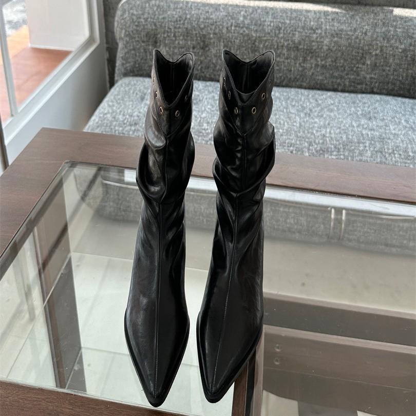 French pointed high-heeled short boots women's shoes 2025 new autumn and winter temperament pleated piled boots stiletto rivets small bare boots