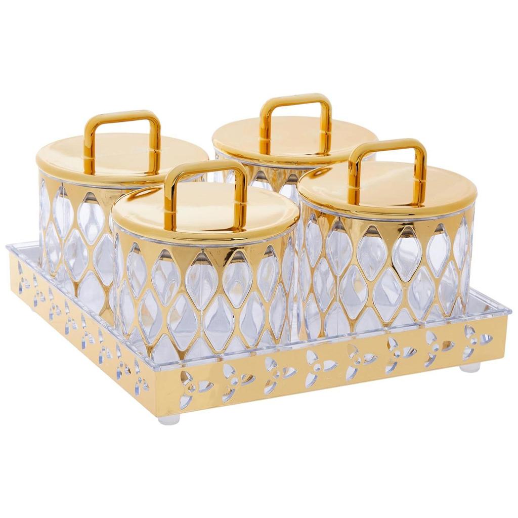 Airtight Dry Fruit Container Set With Tray|Plastic Dry Food Storage|500Ml, Set Of 4 (Golden)