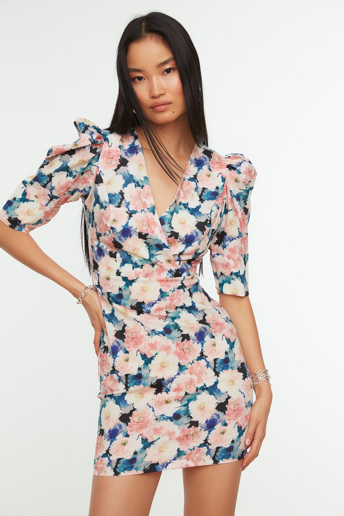 

Разноцветное поплиновое платье с пышными рукавами TPRSS21EL4426