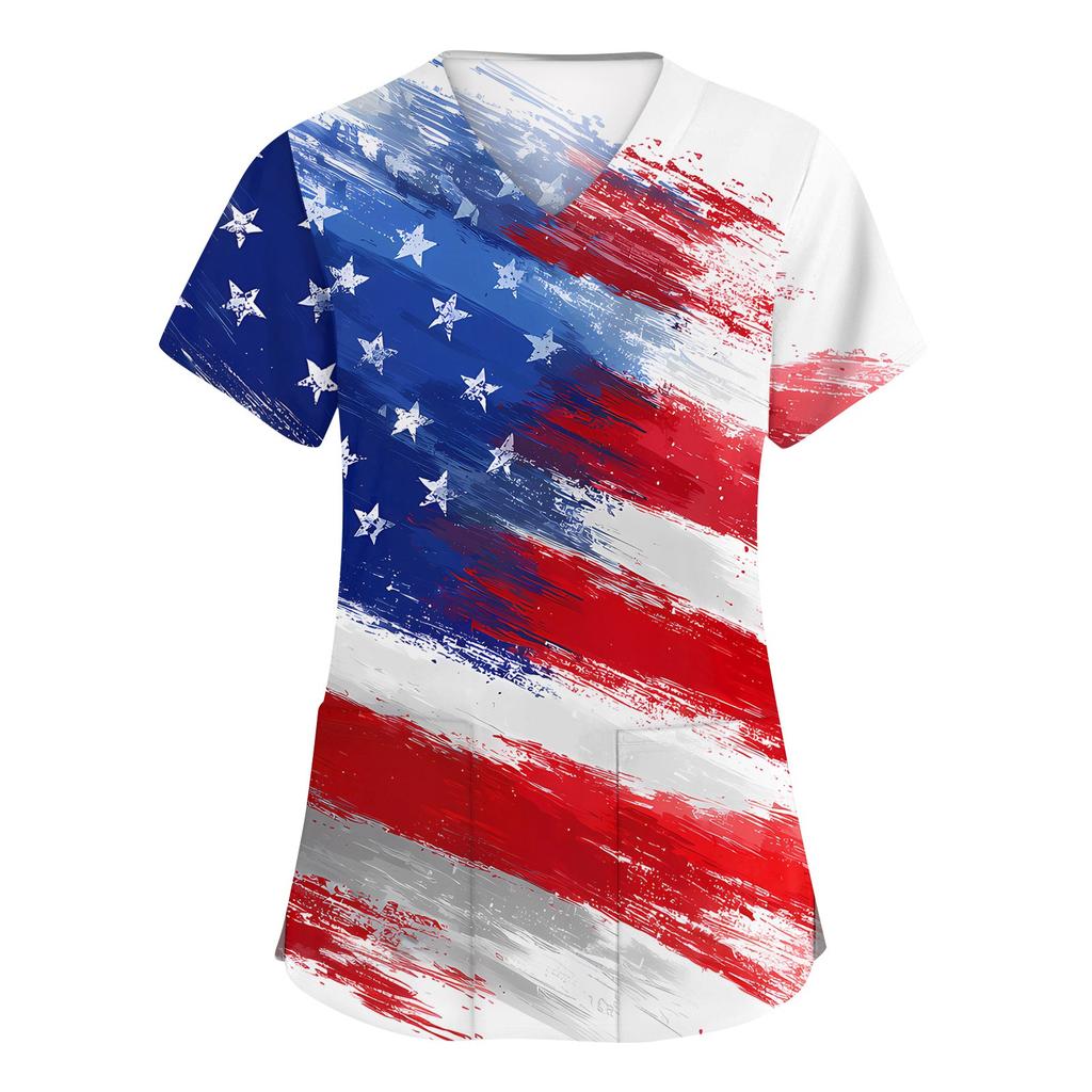 Modische Arbeitskleidung für Damen mit V-Ausschnitt, kurzen Ärmeln und bedruckten Taschen