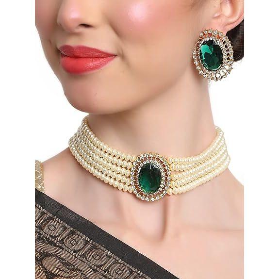 18k Gold Plated Latest Stylish Fancy Choker Traditional Pearl Necklace Jewellery Set for Women