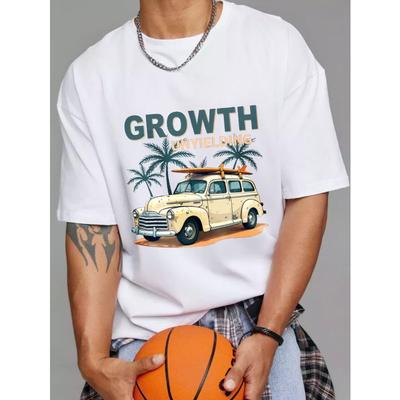 T-shirt Biały Samochód Vintage z Deską Surfingową i Palmami Wzrost Nieustępliwy Nadruk Casualowy Strój Letni