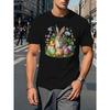 European Size Men'S Easter Bunny & Eggs Graphic Tee, Casual Crew Neck Polyester T-Shirt, Regular Fit Knit Fabric Top, Slight Stretch Summer Shirt