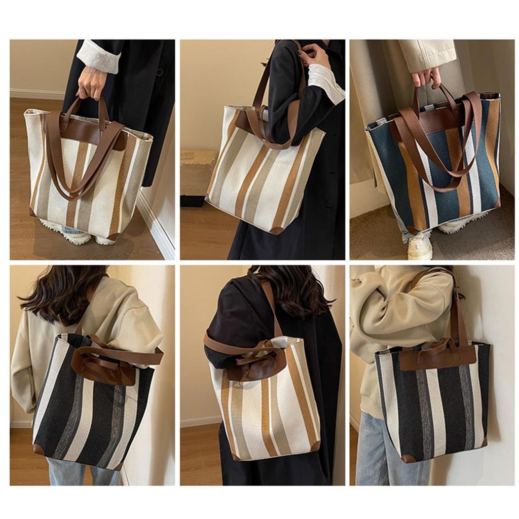 KSLAT Women's Shoulder Bag, Tote Bag, Large Capacity, Canvas Bag, A4 Size, Striped Pattern, Casual and Cute, Perfect for Travel, Commuting, School,