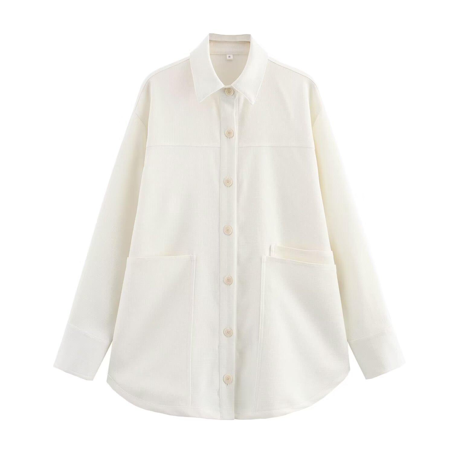 Women s new fashionable lapel loose white double-pocket resort-style shirt jacket XS белый