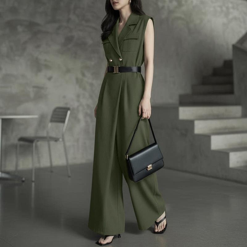 ZANZEA Women Casual Turn Down Collar Loose Sleeveless Long Jumpsuits M армия зеленый