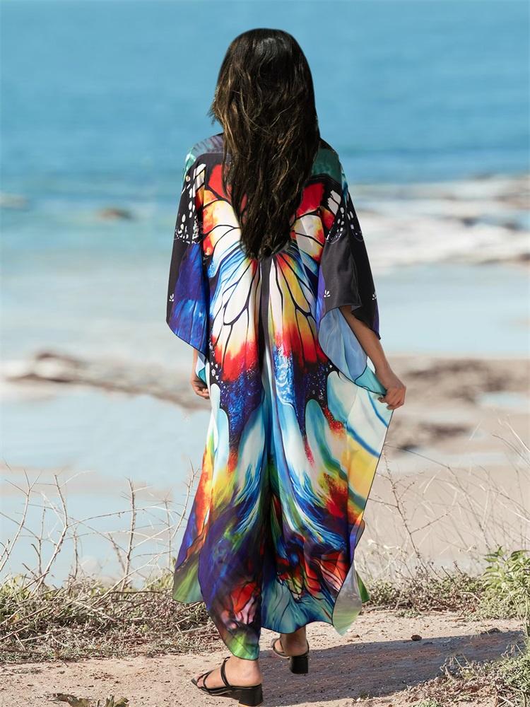 EDOLYNSA 2024 Plus Size Colorful Butterfly Printed Hand-knit V Neck Casual Kaftan Women House Dress Summer Beachwear Swimsuit Cover Up Q1634