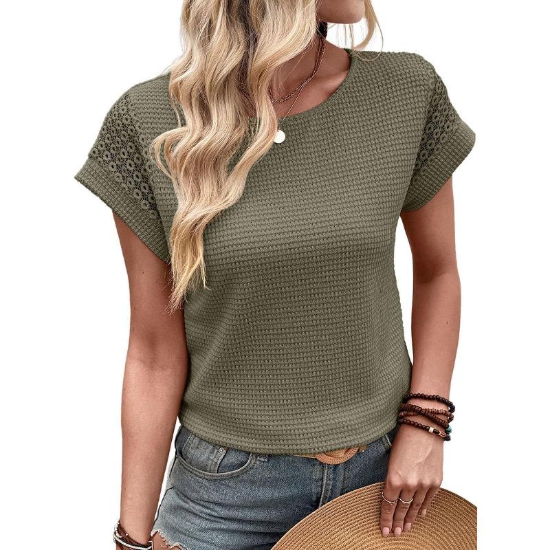 IHUASU Women's Fashion Casual O-Neck Short Sleeve Blouses & Shirts