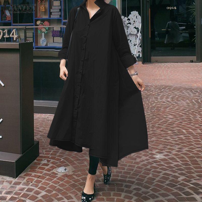 ZANZEA Women Casual Turn Down Collar Loose Long Sleeve Shirt Dress