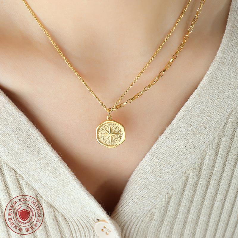 French Niche Eight-Pointed Star Pendant Necklace, Double Chain, 18K Gold-Plated Titanium Steel Clavicle Chain Jewelry P574