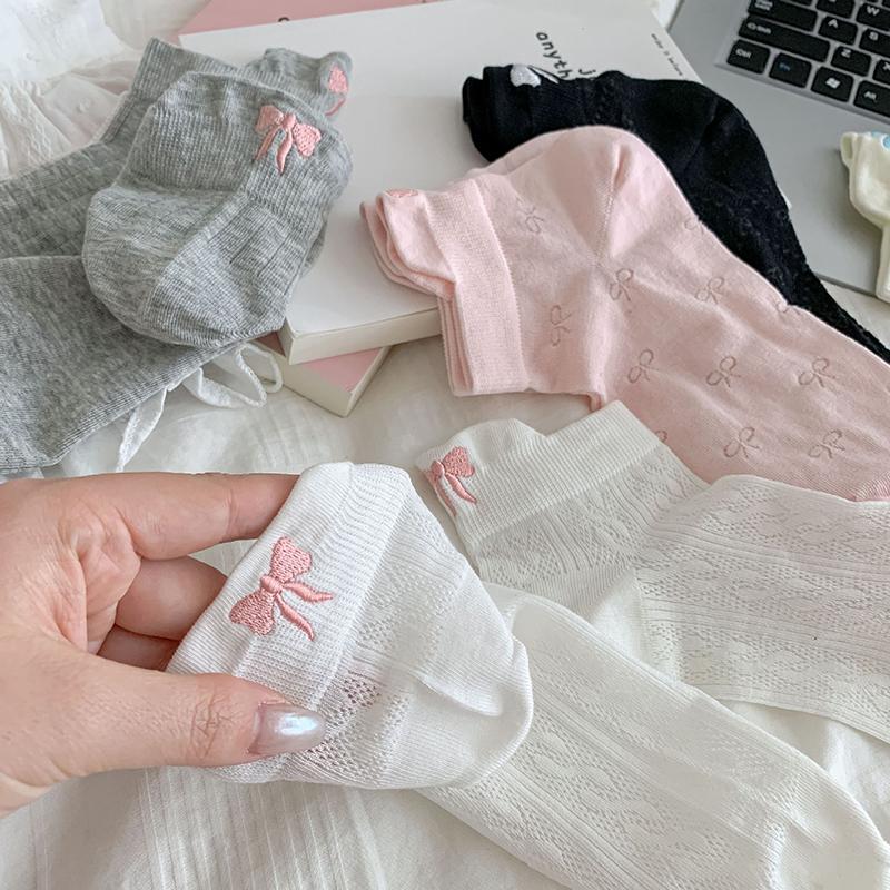 Design Heel Bow Women Short Socks Lolita Kawaii Summer Thin Breathable Hollow Out Low Tube Sock Ins Trend White Cotton Socks