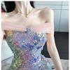 Fashion Celebrity Style One-word Neck Dress Colored Beads Off-the-shoulder Backless Slim Hip-wrapped Party Dress Dress Woman