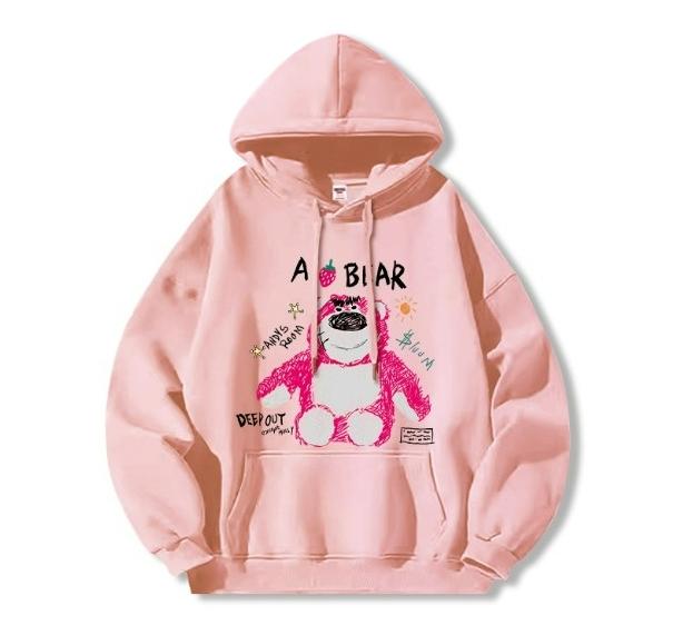 Autumn and Winter Models Are New Autumn Models Strawberry Bear Print Women's Clothing Hooded Disney Clothes Are Loose and Lazy