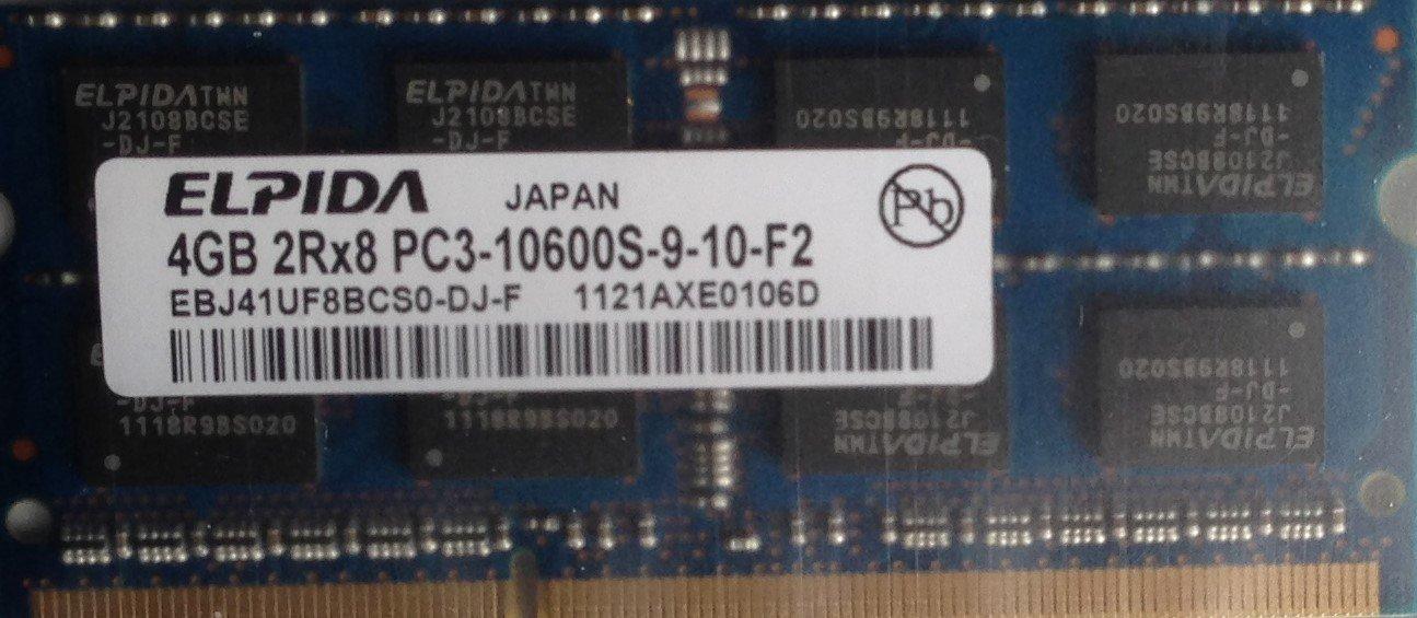

Elpida 4GB Notebook SODIMM DDR3 PC10600 UNBUF 2RX8 204P 512 MX64 256 MX8 EBJ41UF8BCS0-DJ-F (1333) 1.5V чорний