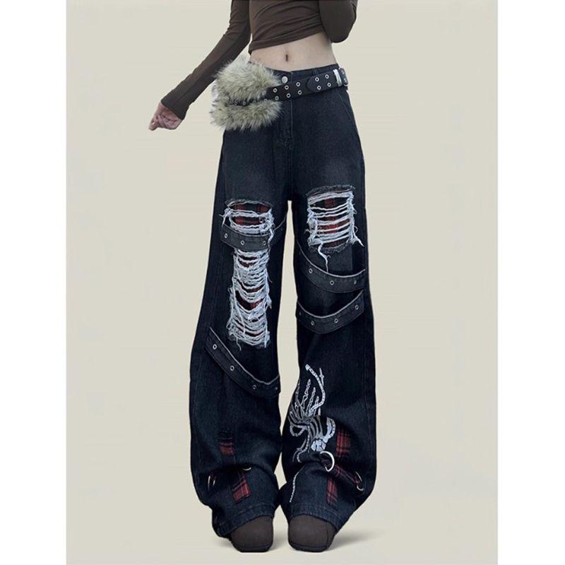 Women s Retro Distressed Washed Black-Gray Wide-Leg Y2K Punk Jeans XL