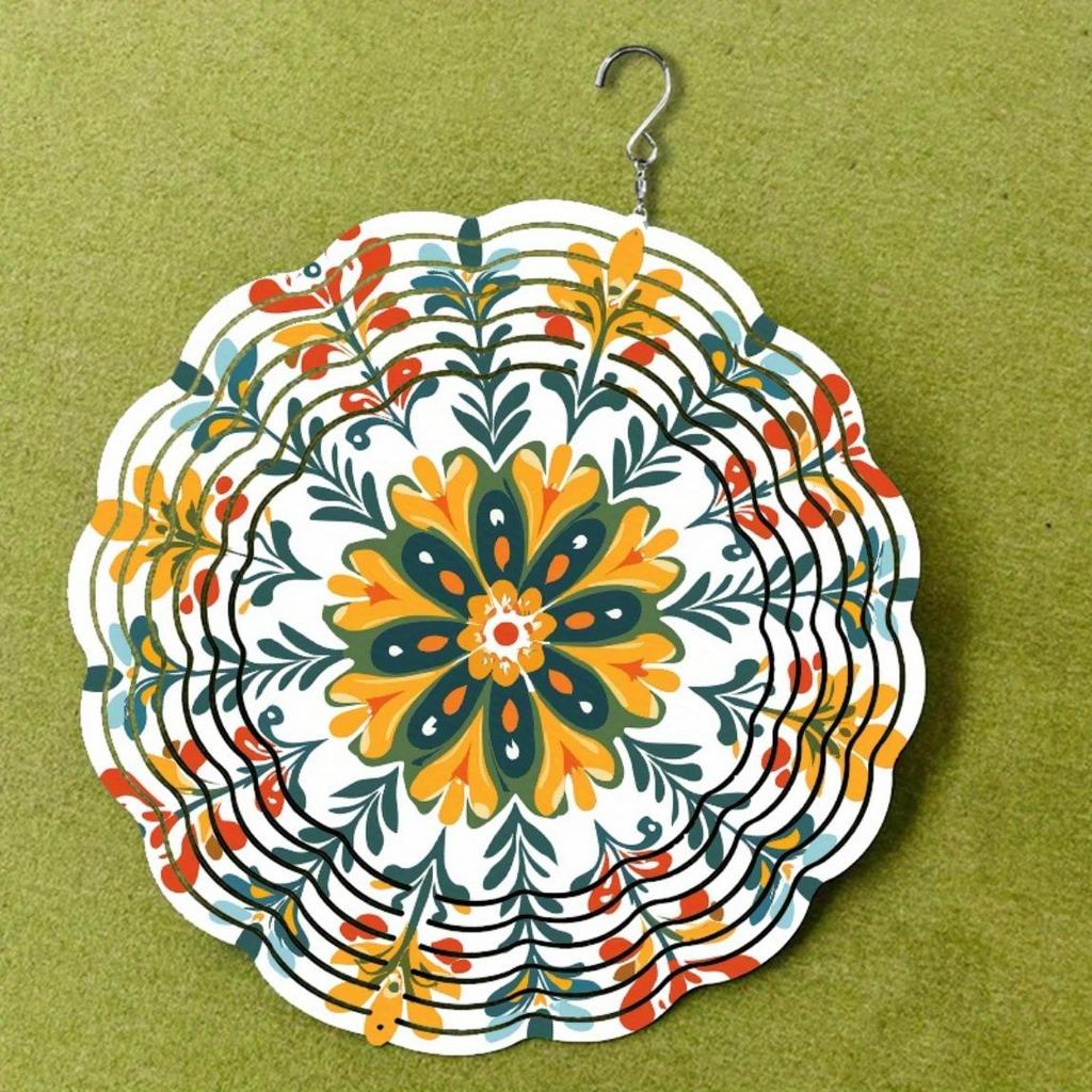 Colorful Mandala Metal Wind Chime Vibrant Floral Design Black Silhouette Outdoor Garden Decor Indoor Hanging Ornament No Power Needed All Season