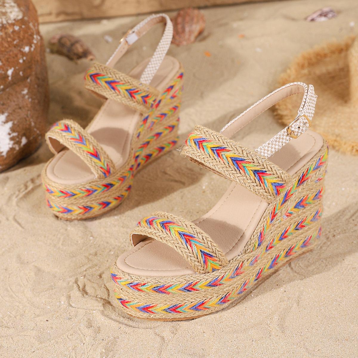 Bohemian Wedge High Heel Open Toe Sandals with Thick Sole and Straw Woven Design for Women 41