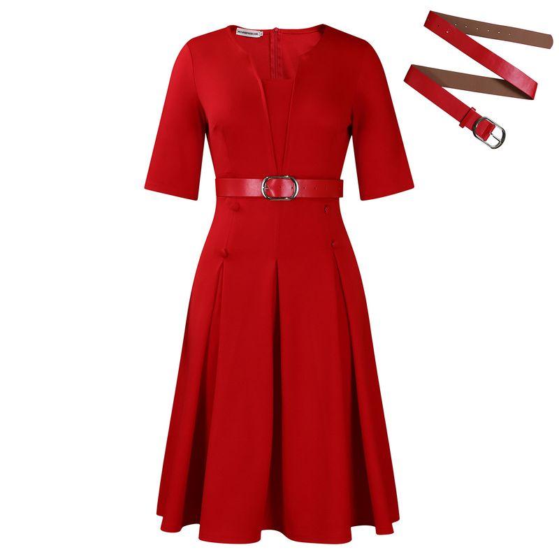 

Plus size women clothing Autumn Fashion Temperament Solid Half Sleeve Africa Western Style Elegant Dress Red + belt XXXL