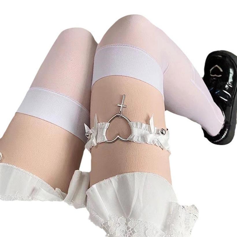 Women's Sexy Lolita Lace Garter Harness Elastic Gothic Leg Ring Choker Necklace Cute Heart Shaped Cross Thigh Garter Belt