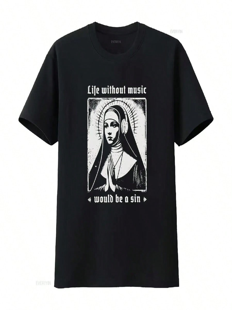 New Limited Life Without Music Would Be A Sin Nun Praying Techno T Shirt Vintage Washed Streetwear Designer Clothes Casual S разноцветный