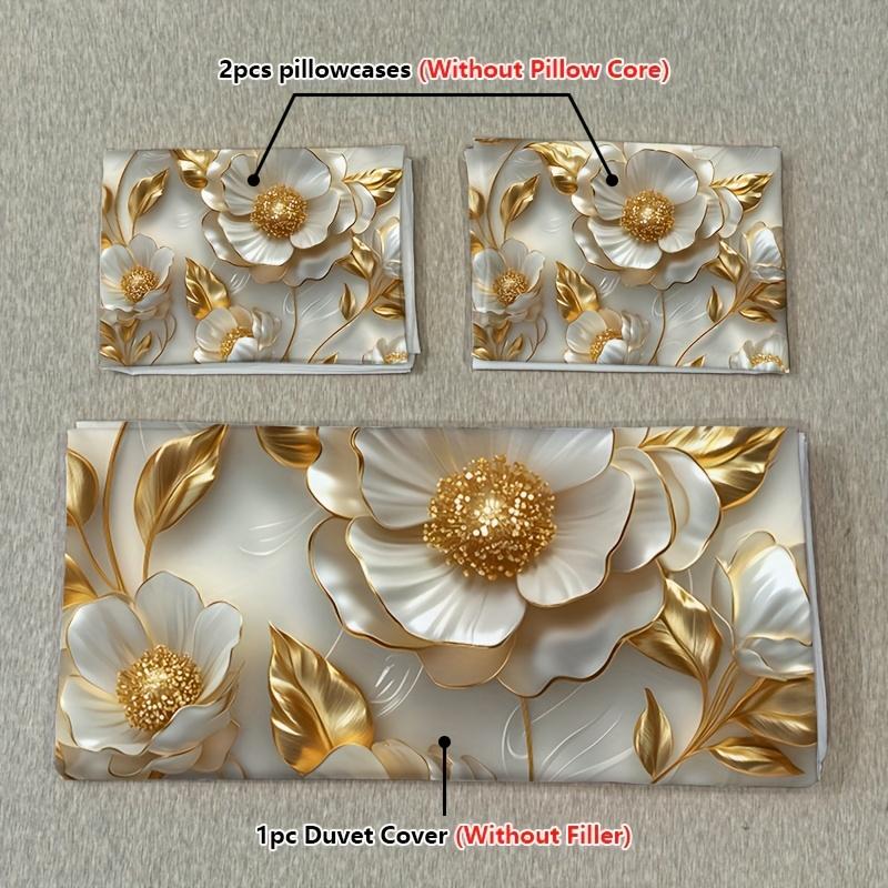 3pcs Golden Golden Edge Flower Quilt Set (1 Duvet Cover + 2 Pillowcases Coreless) White 3D Carved Series High Definition