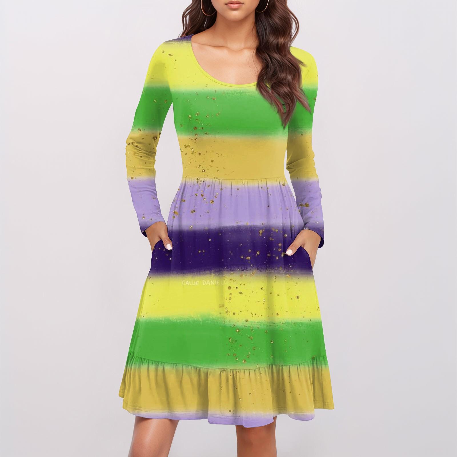 

Women s Casual Round Neck Long Sleeved Dress Carnival Print Loose Waist Pleated Dress XL жовтий