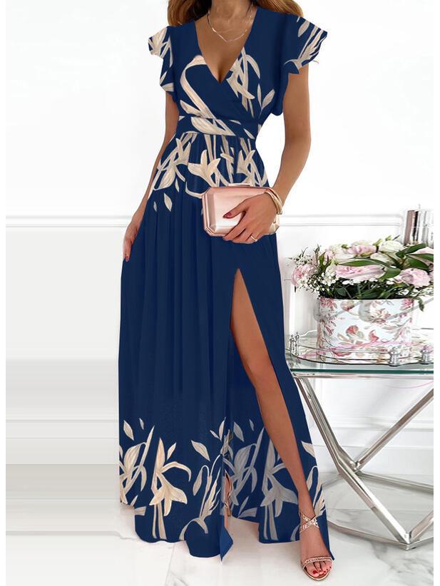 Elegant European & American V-Neck Long Split Waist Dress
