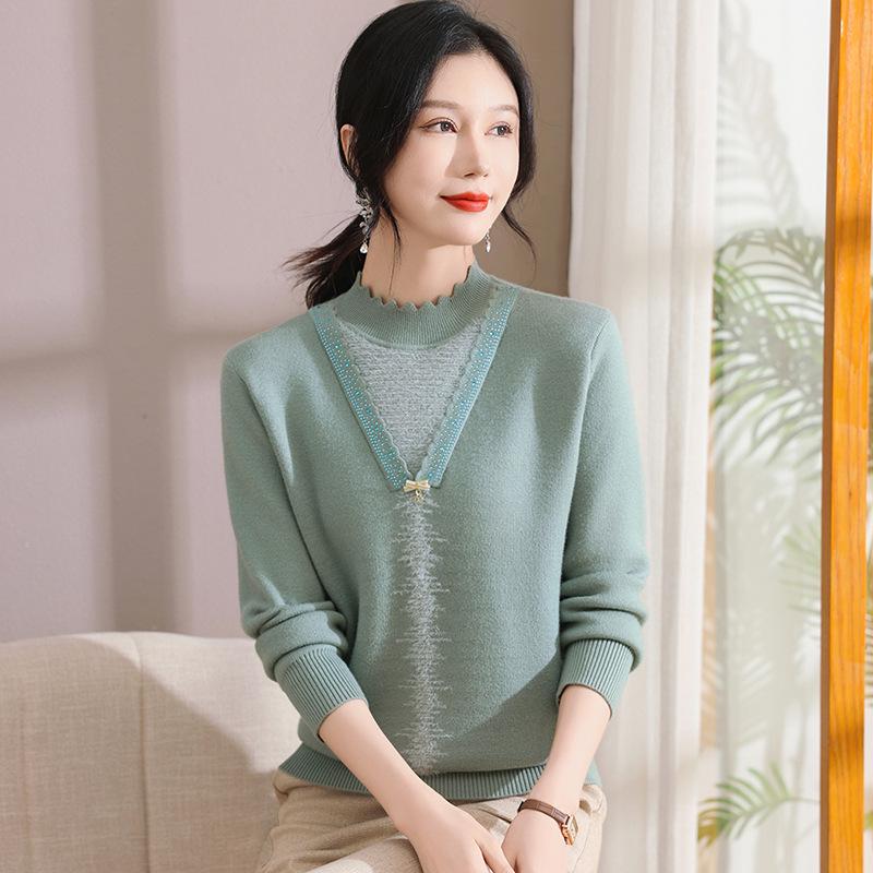 Autumn Winter Fleece Knit Top for Middle-Aged and Elderly Women - Thick Sweater Base Layer