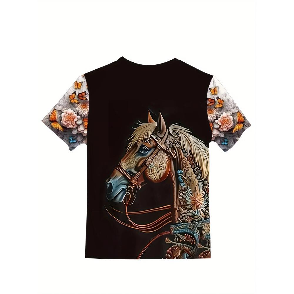 Girls Fashionable 3d Horse Graphic Tee Comfortable Crew Neck Children Girl Short Sleeve Tops Summer Outdoor Kids Clothes