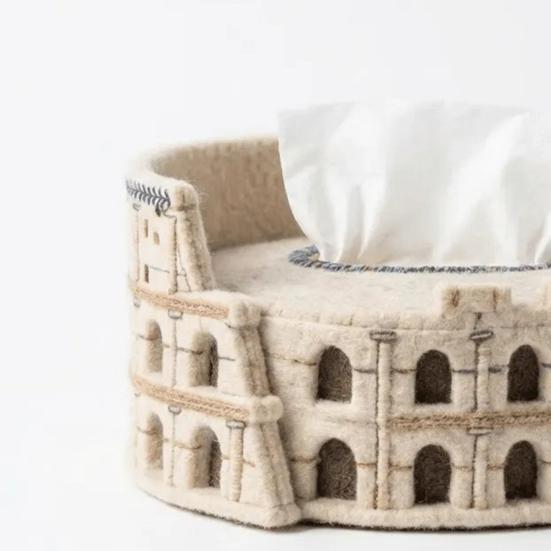 Filcowe Koloseum Pudełko na Chusteczki Ręcznie robiona Pokrowiec na Pudełko na Chusteczki Koloseum Rzymskie Architektoniczne Okrągłe Pudełko na Chusteczki do Dekoracji Stołu w Domu i Biurze