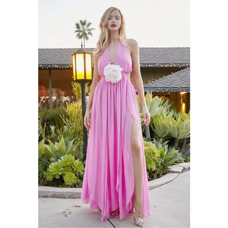 

Export Single L atiste Pink Halterneck Bare Back High Slit Backless Chiffon Halterneck Maxi Dress Women Pink High Slip Dress M