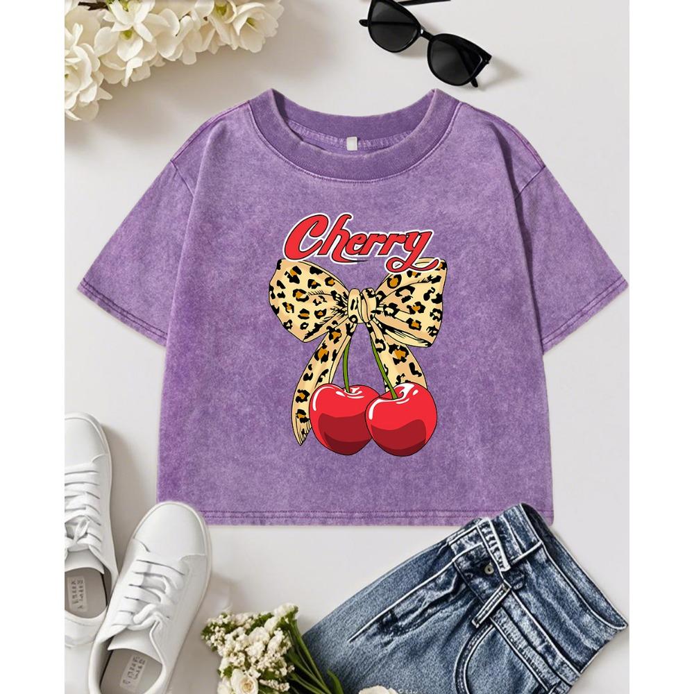 Creative Bow Cherry Print Washed Crop T-Shirts Women Vintage Fitness Clothing Cotton Slim Short Sleeve Crewneck T Shirt