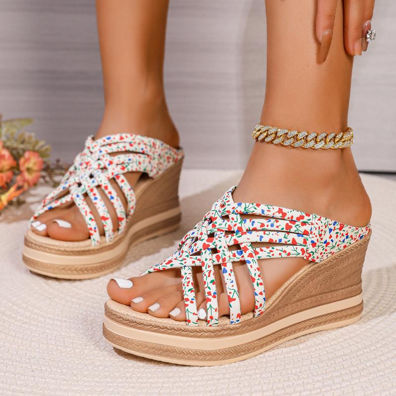 Fashion Wedge Slippers Summer New Round Head Open Toe Print Thin Belt Waterproof Platform Soft Sole Anti-slip Wear-resistant High Heels
