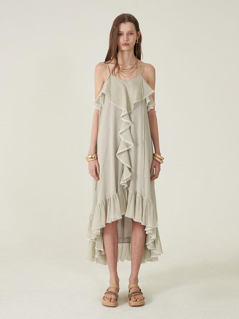 Kaie Silver Thread Striped Cotton Silk Center Frill Asymmetrical Dress