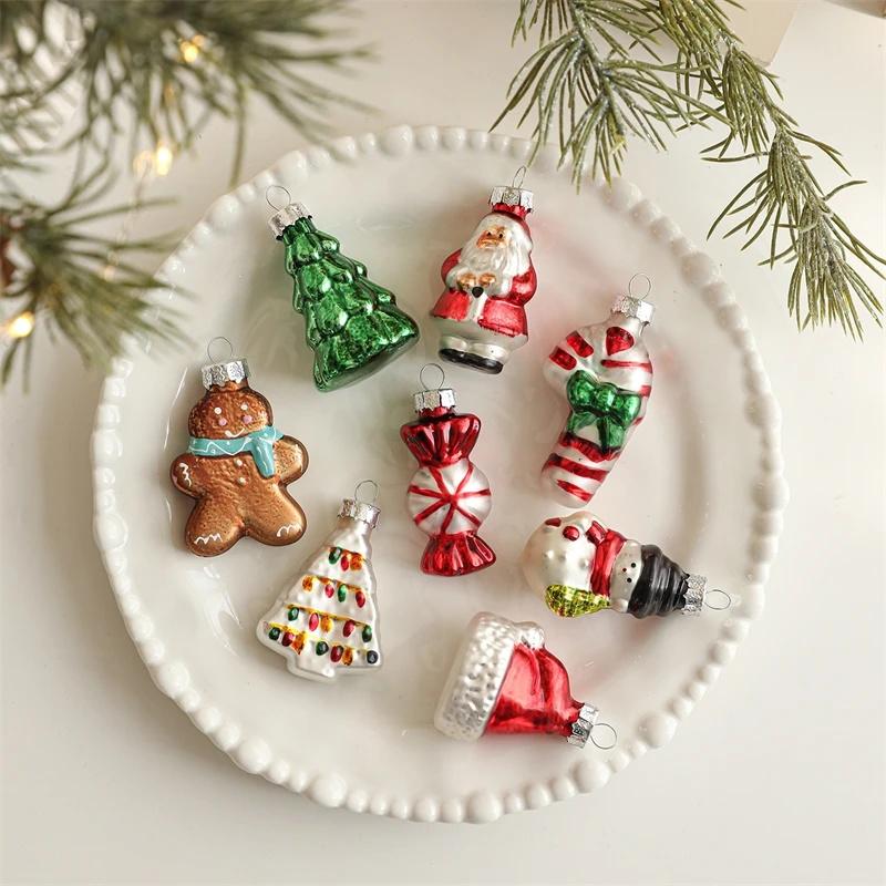 Christmas Glass Mini Hanging Ornaments Shaped Cartoon Santa Snowman Snowflake Mold Small Tree Decor For Kids Women Holiday Gift