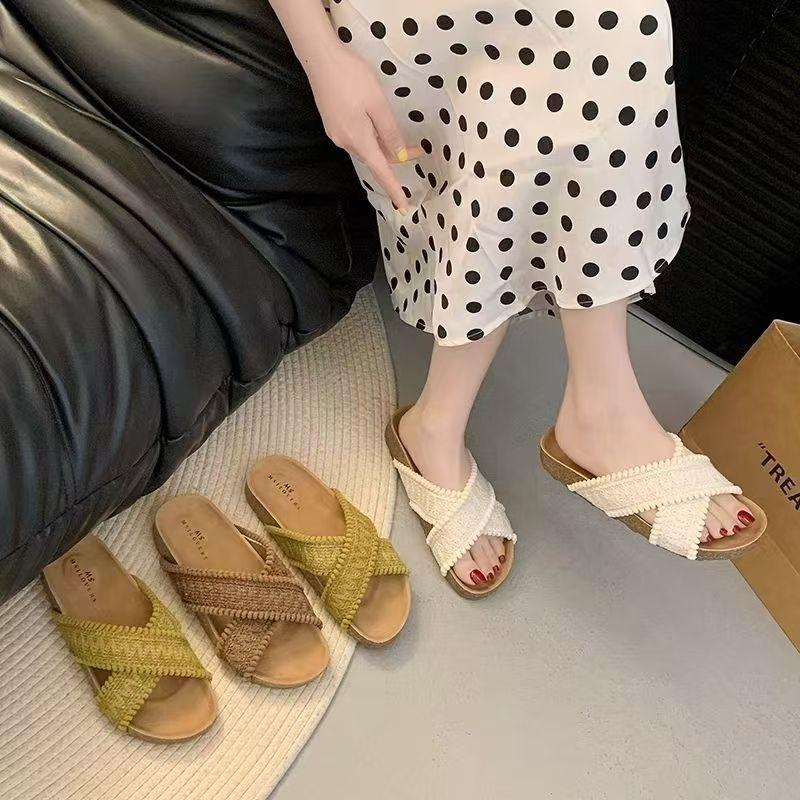 Cross-word cool slippers 2025 summer new wear retro open-toed beach belt knitted slippers women